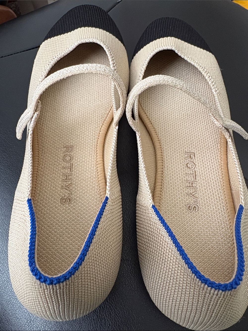 Rothy's Beige Mary Jane Flats with Black Toe and Blue Trim Size 7 - Picture 4 of 4